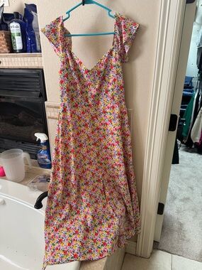 eesome Multicolor Floral Midi Dress with Pink, Red, Yellow and Green Print